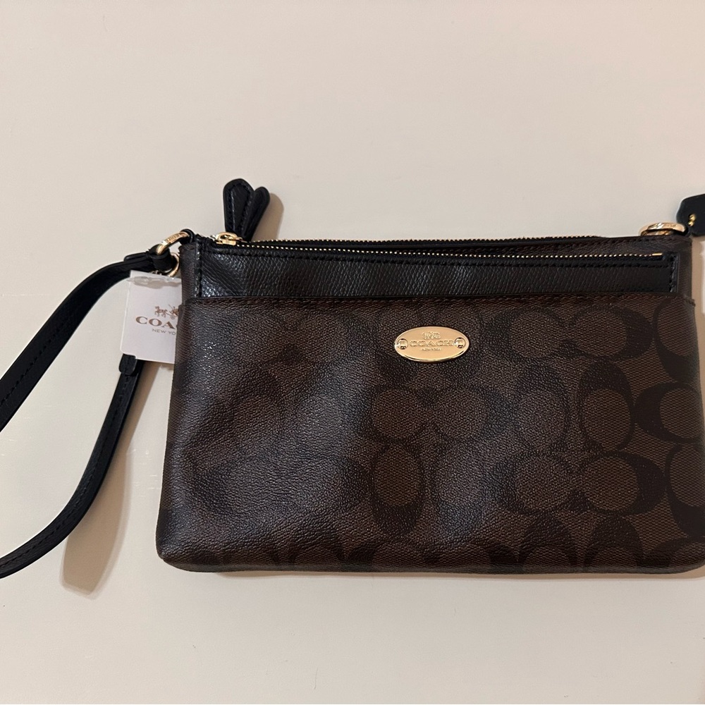 Coach Brown Signature Wristlet with Gold Hardware